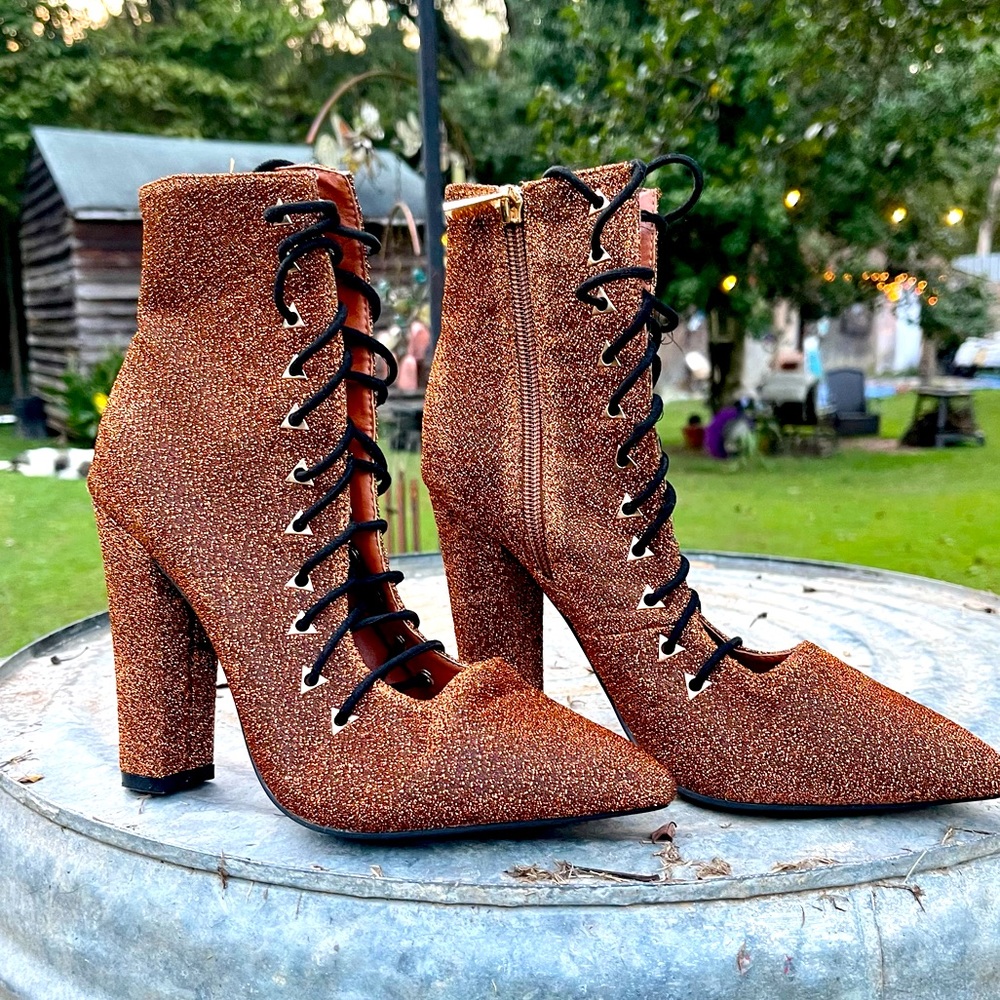 Orange Lace up glitter heeled boots pointed toe side zip